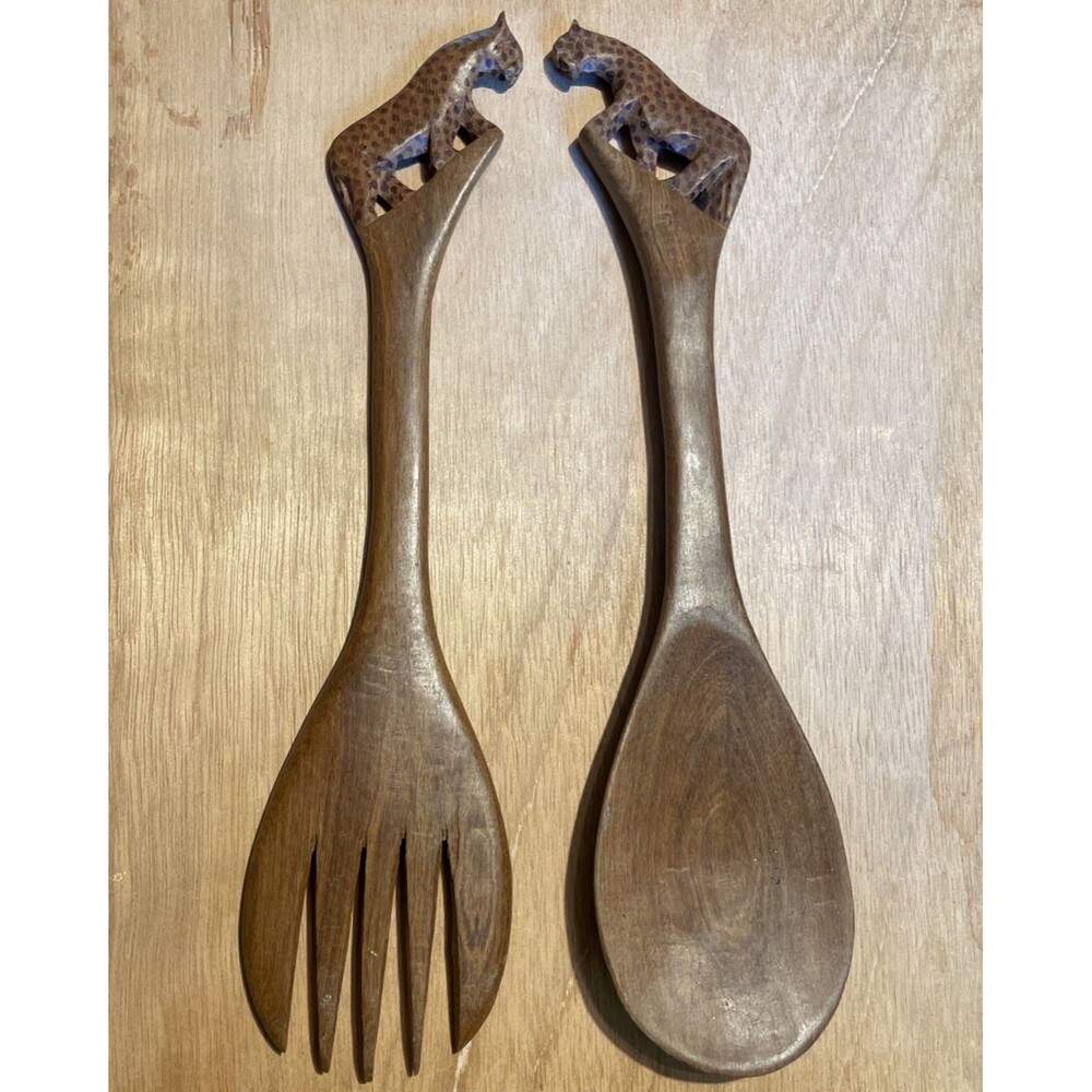 African Hand Carved Wood Spoon & Fork Salad Servers Vintage Estate Leopard Kenya